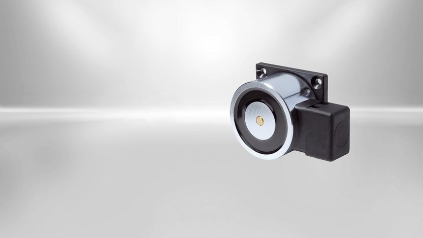 Door holding magnets from Kendrion are available in different designs. This type of SAFE Line is staffed with a mounting plate.