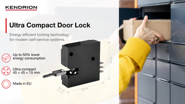 Graphic of the Kendrion Ultra Compact Door Lock, an energy-efficient electromagnetic locking solution for battery-powered self-service systems. The graphic highlights the product's ultra-compact dimensions (45 × 45 × 15 mm), up to 50% lower energy consumption, European manufacturing, and typical applications including smart lockers, parcel lockers, and medical devices.