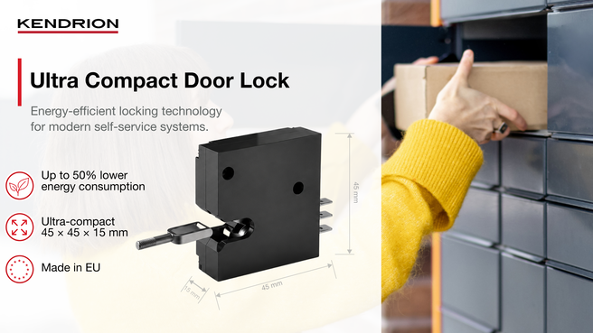 Graphic of the Kendrion Ultra Compact Door Lock, an energy-efficient electromagnetic locking solution for battery-powered self-service systems. The graphic highlights the product's ultra-compact dimensions (45 × 45 × 15 mm), up to 50% lower energy consumption, European manufacturing, and typical applications including smart lockers, parcel lockers, and medical devices.