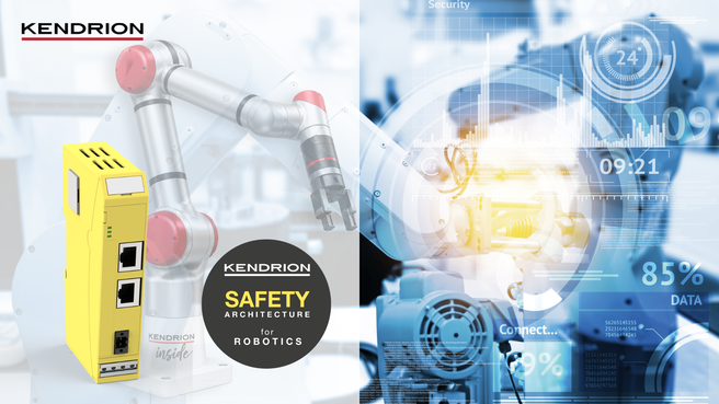 Kendrion Safety Architecture for Robotics with Safety PLC in front of a collaborative robot and digital industrial environment supporting ISO 10218:2025.