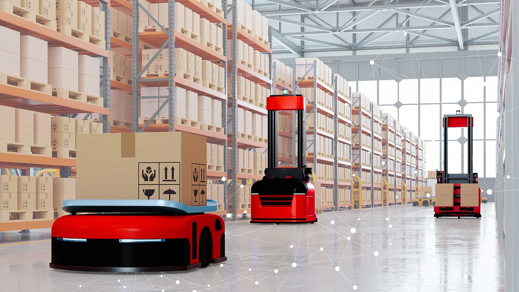 Automated Guided Vehicles (AGV) transporting boxes in a warehouse with high shelves filled with parcels. Kendrion's advanced AGV solutions ensure safety and efficiency in the automation industry