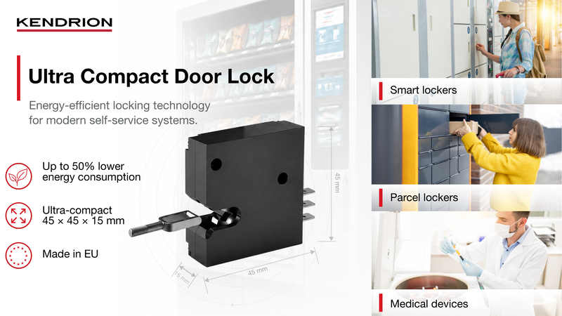Graphic of the Kendrion Ultra Compact Door Lock, an energy-efficient electromagnetic locking solution for battery-powered self-service systems. The graphic highlights the product's ultra-compact dimensions (45 × 45 × 15 mm), up to 50% lower energy consumption, European manufacturing, and typical applications including smart lockers, parcel lockers, and medical devices.